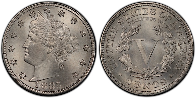 1885 Liberty Head V Nickel obverse and reverse showing key date coin details