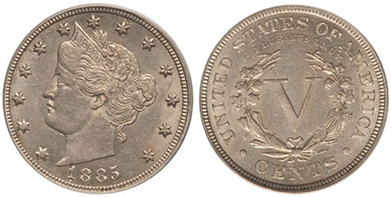 1885 Liberty Nickel date comparison: common strike vs Repunched Date variety showing doubled 8 digit under magnification