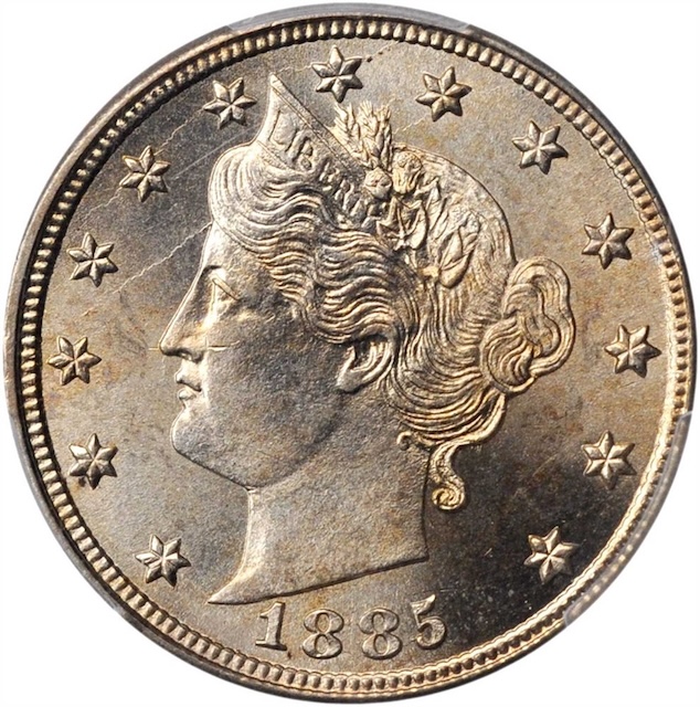 1885 Liberty Nickel Repunched Date variety — close-up showing secondary punch impression on the 8 digit