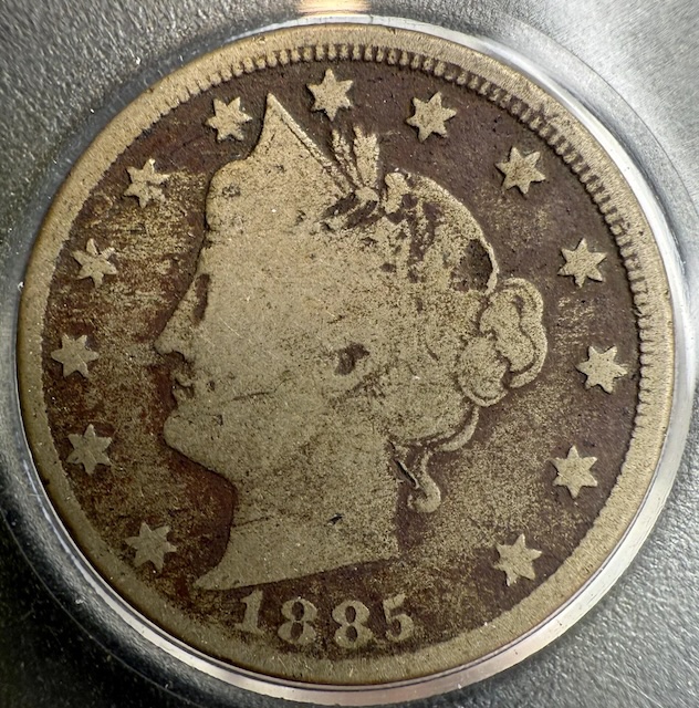 1885 Liberty Nickel Clashed Die variety — reverse showing faint Liberty portrait impression from die clash