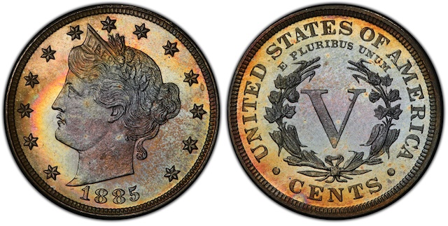 1885 Liberty Nickel Proof Strike showing mirror-like fields and frosted devices