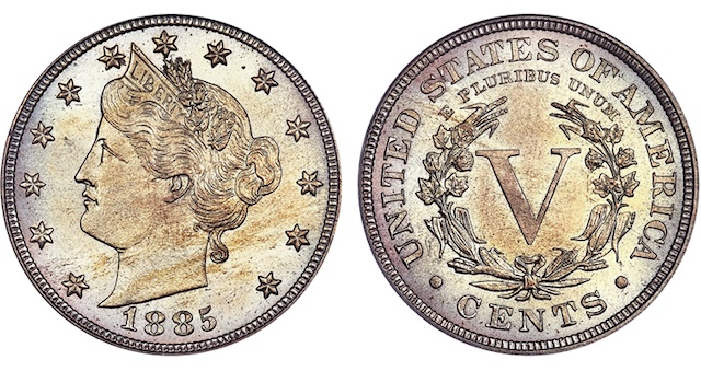1885 Liberty Nickel grading strip showing four condition tiers from Good through Mint State
